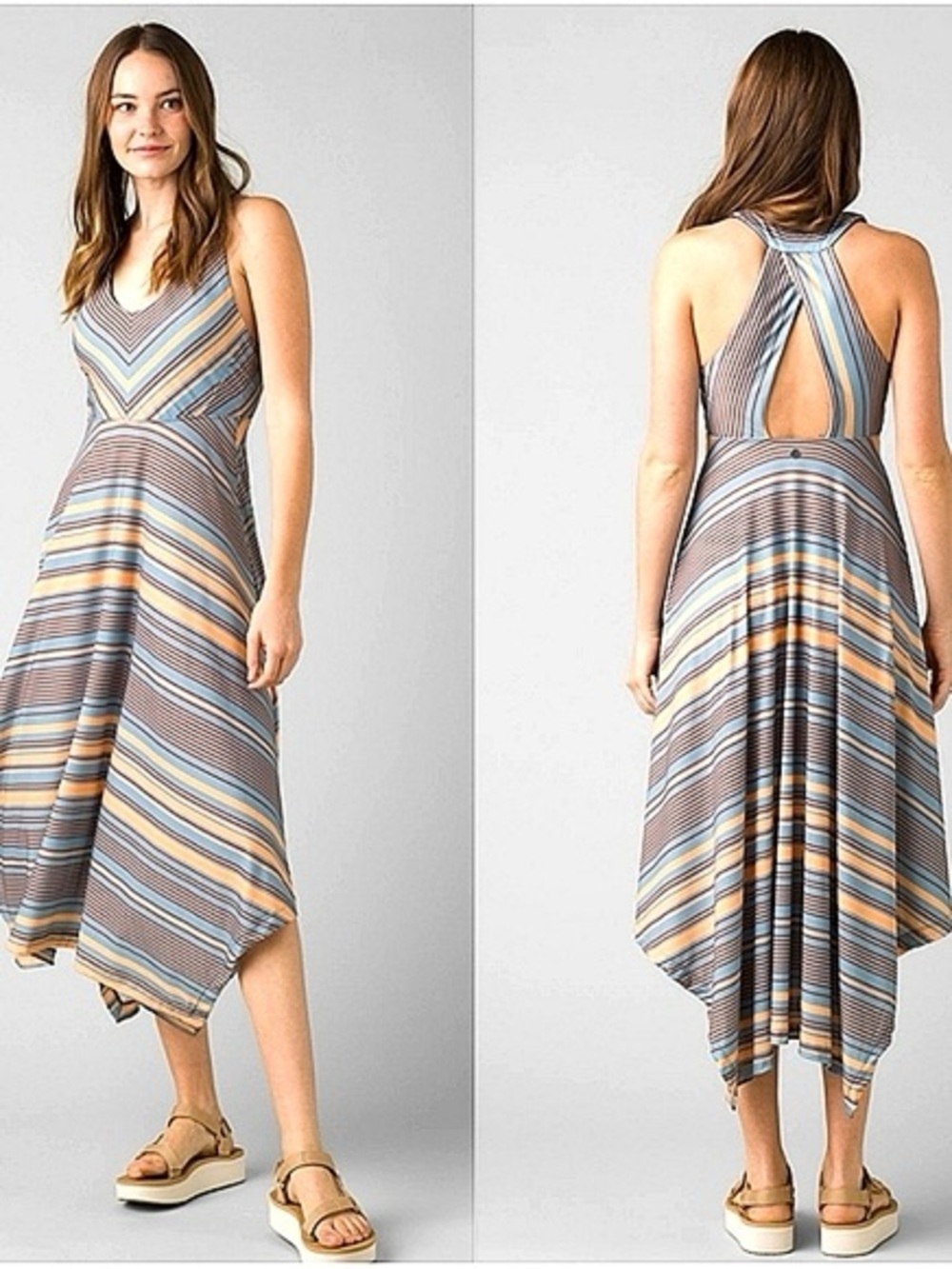 Prana Saxon Handkerchief Hem Dress Striped Racerback Cutout Size XL